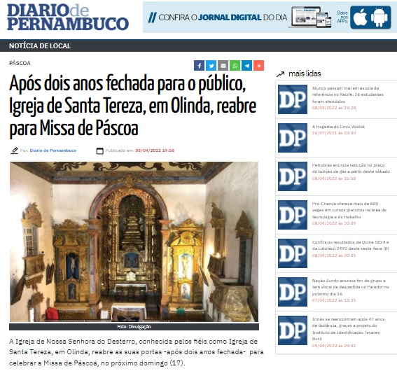 Após dois anos fechada para o público, Igreja de Santa Tereza, em Olinda, reabre para Missa de Páscoa