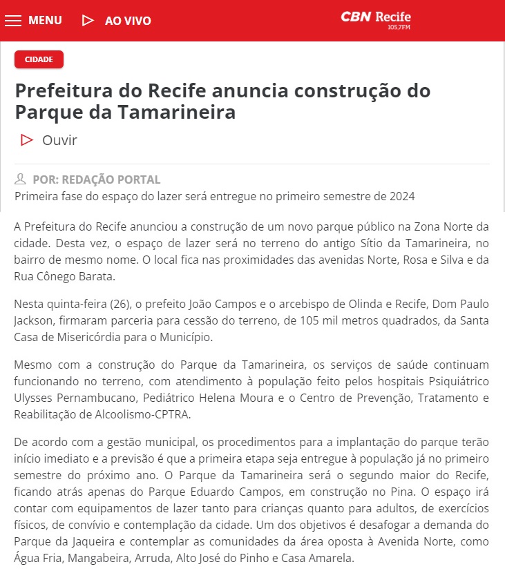 Prefeitura Do Recife fecha parceria com Santa Casa para construção de parque na TAMARINEIRA