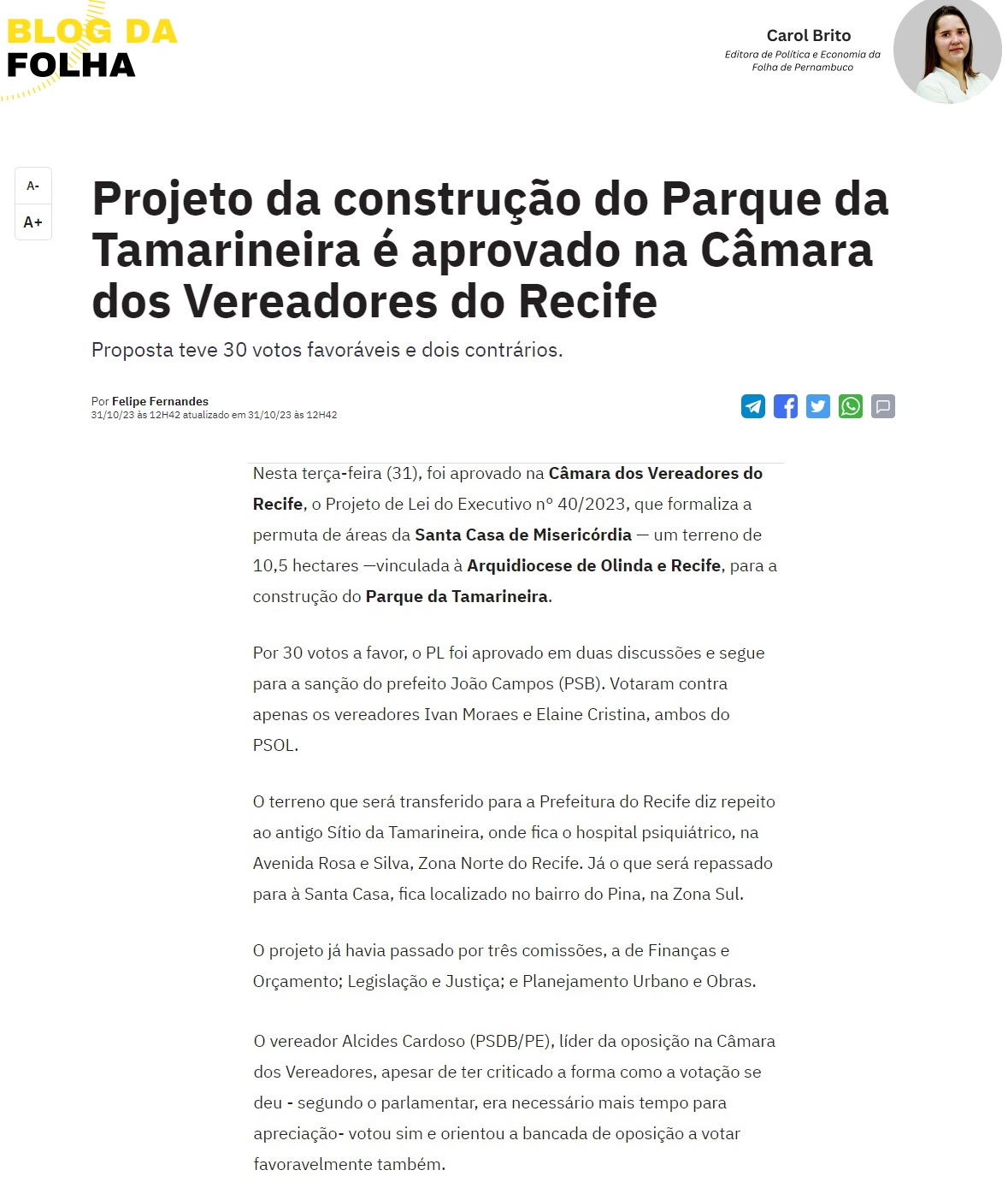 Projeto da construção do Parque da Tamarineira é aprovado na Câmara dos Vereadores do Recife