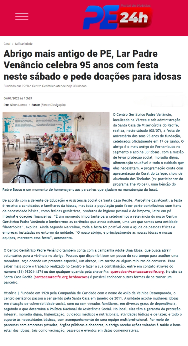 Abrigo mais antigo de PE, Lar Padre Venâncio celebra 95 anos com festa neste sábado (8) e pede doações para idosas
