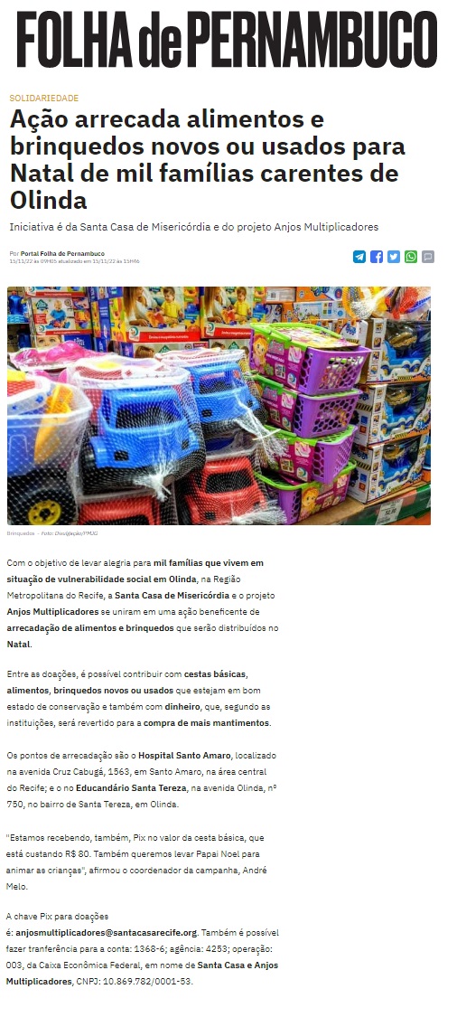 Ação arrecada alimentos e brinquedos novos ou usados para Natal de mil famílias carentes de Olinda