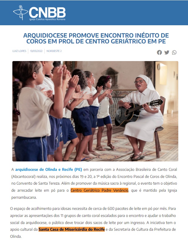 Arquidiocese promove encontro inédito de coros em prol de Centro Geriátrico em PE