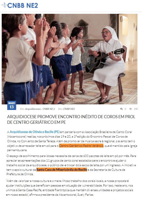 Arquidiocese promove encontro inédito de coros em prol de Centro Geriátrico em PE