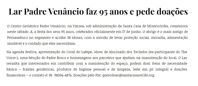 Blog Dellas destaca os 95 anos do Lar Padre Venâncio