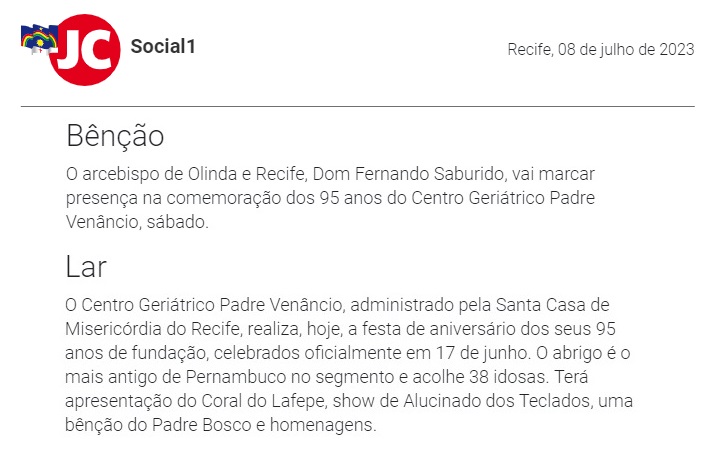 Centro Geriátrico Padre Venâncio celebra 95 anos com festa