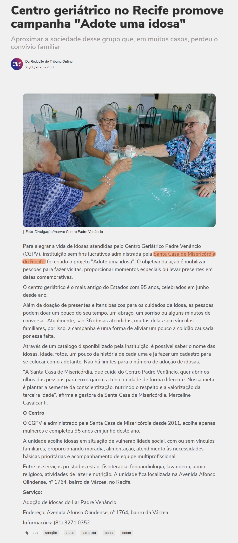 Centro Geriátrico Padre Venâncio lança Campanha Adote Uma Idosa