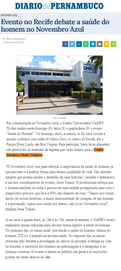 Centro Geriátrico Padre Venâncio recebe doação de alimentos em ação de Novembro Azul