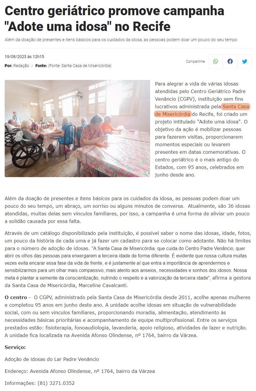 CGPV promove campanha Adote uma Idosa