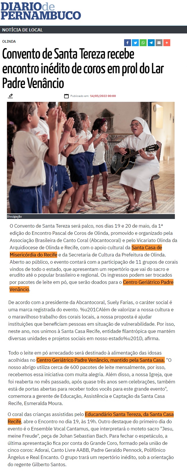Convento de Santa Tereza recebe encontro inédito de coros em prol do Lar Padre Venâncio
