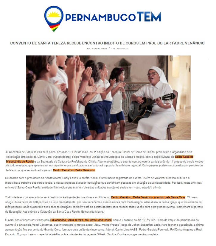 Convento de Santa Tereza recebe encontro inédito de coros em prol do Lar Padre Venâncio