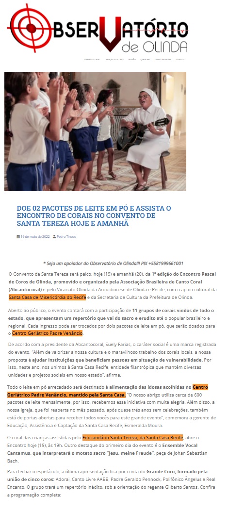 Doe 02 pacotes de leite em pó e assista o Encontro de Corais no Convento de Santa Tereza hoje e amanhã