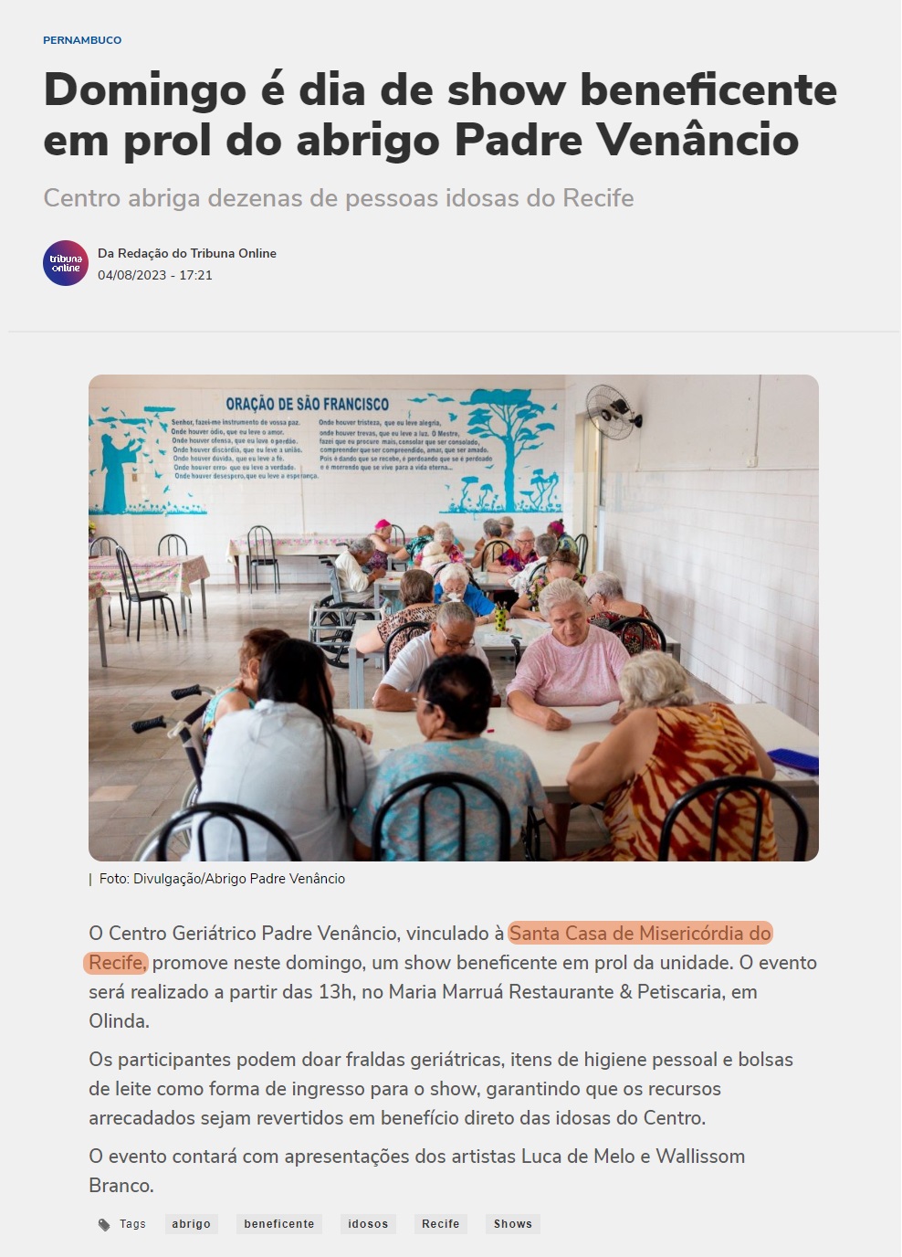 Domingo (20) haverá show beneficente em prol do Abrigo Padre Venâncio