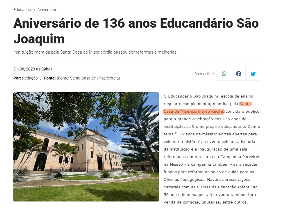 Educandário São Joaquim comemora 136 anos e vira destaque no PE 24h