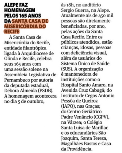 Em auditoria da Deputada Estadual Debora Almeida, SCM celebra seus 165 anos com sessão solene na Alepe