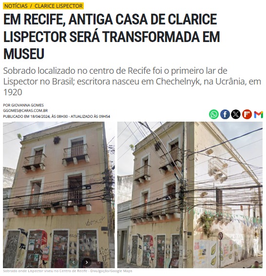 EM RECIFE, ANTIGA CASA DE CLARICE LISPECTOR SERÁ TRANSFORMADA EM MUSEU