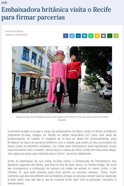 Embaixadora britânica visita o Recife para firmar parcerias