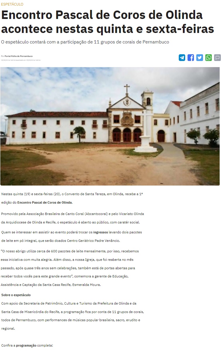 Encontro Pascal de Coros de Olinda acontece nestas quinta e sexta-feira