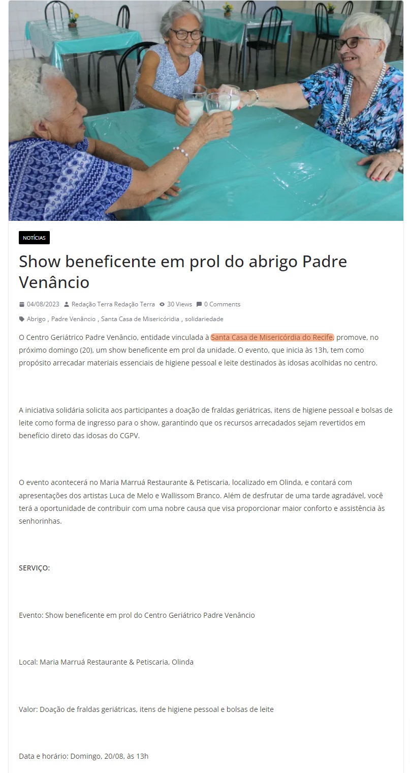 Evento beneficente do CGPV busca arrecadações para as idosas