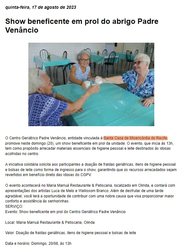 Evento beneficente em prol das idosas do CGPV