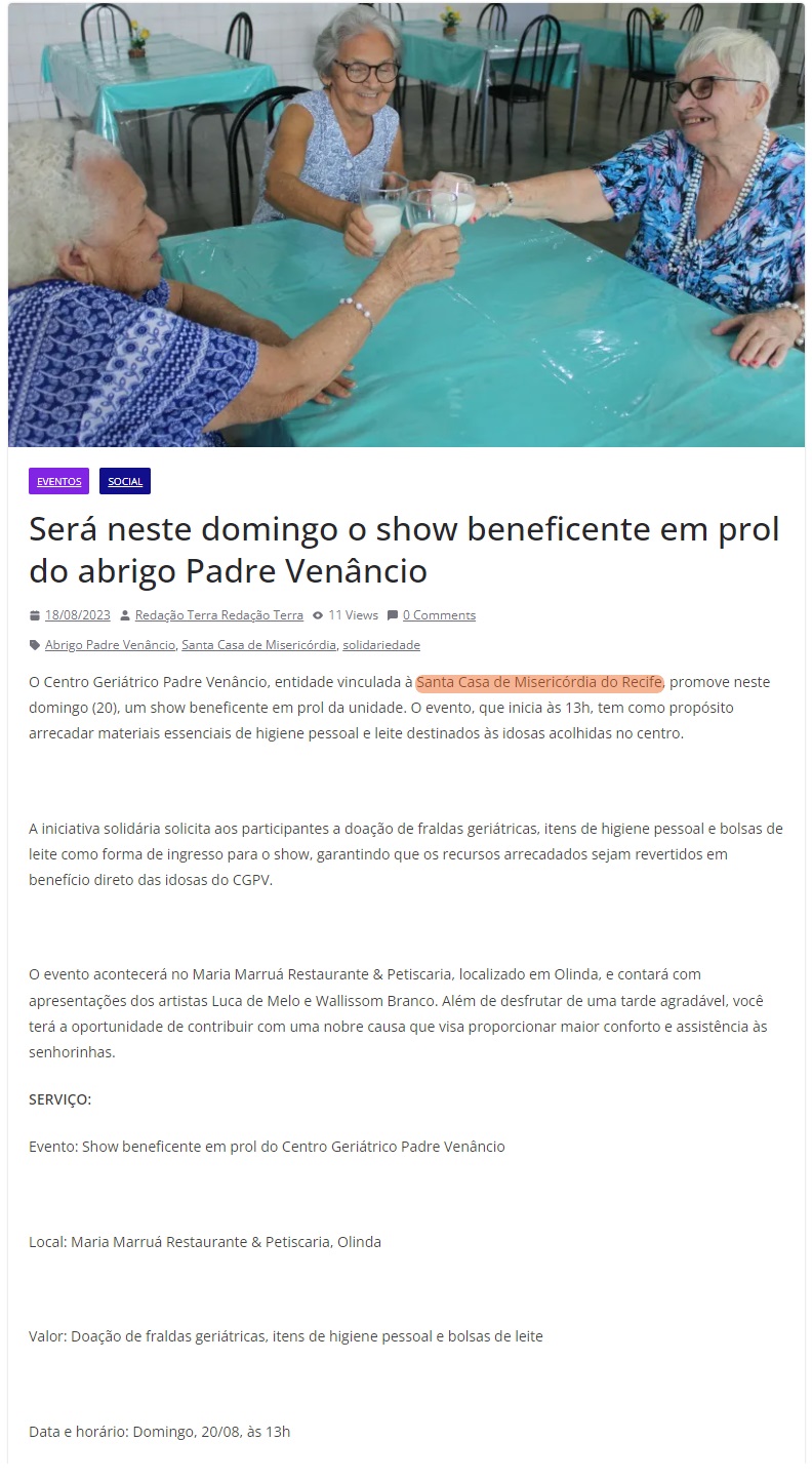 Evento em prol do CGPV busca arrecadar doações para as idosas