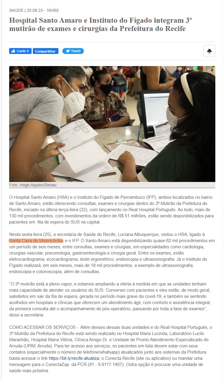 Hospital Santo Amaro integra 3º mutirão de exames e cirurgias da Prefeitura do Recife