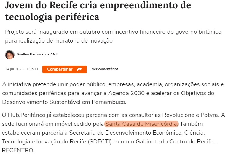 Hub. Periférico funcionará em imóvel cedido pela Santa Casa