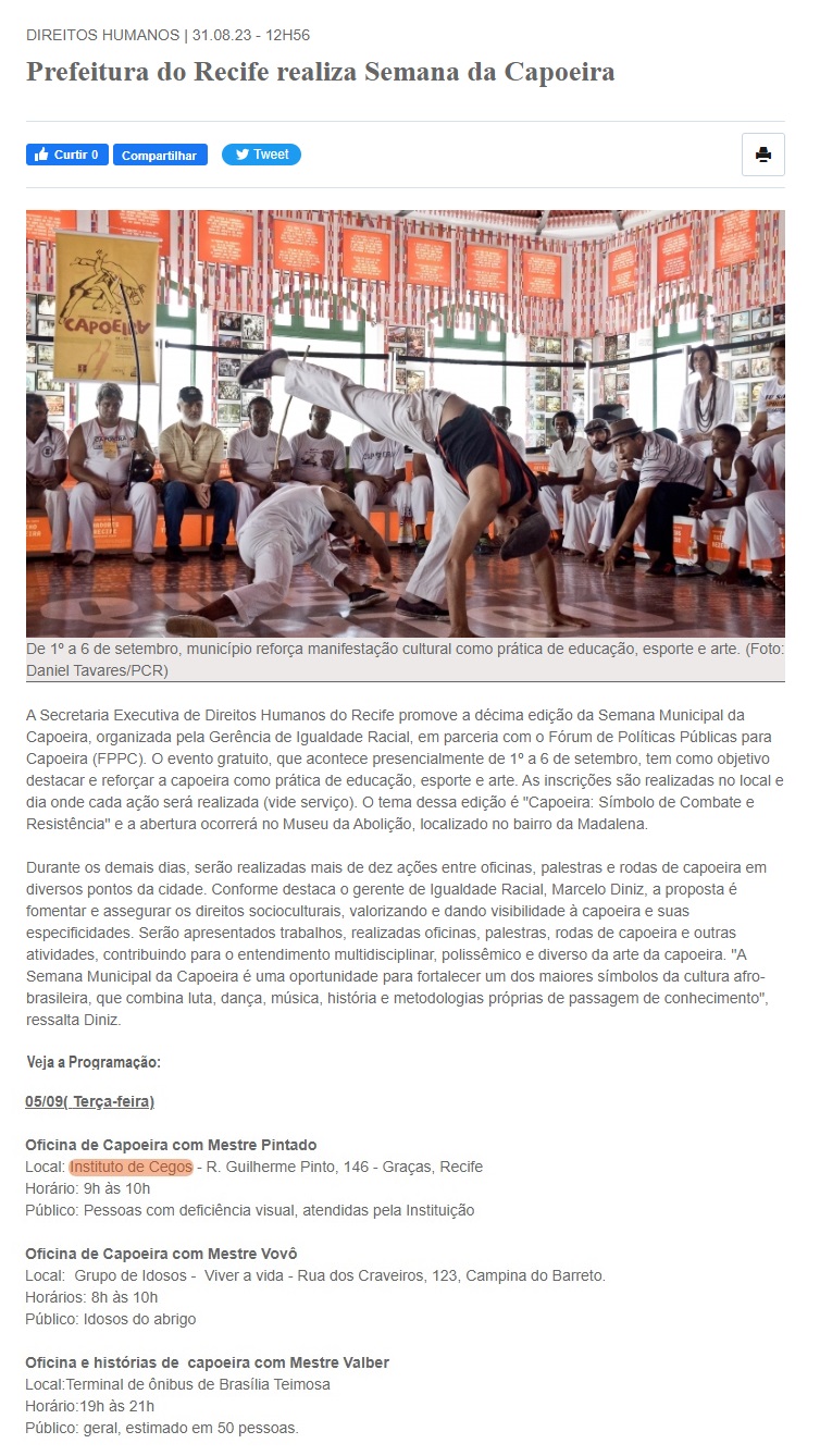 IAPQ participa da Semana da Capoeira, realizada pela Prefeitura do Recife