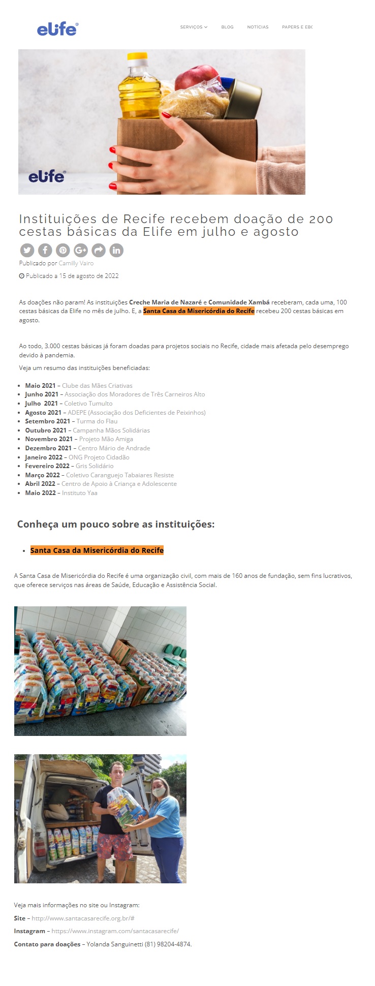 Instituições de Recife recebem doação de 200 cestas básicas da Elife em julho e agosto