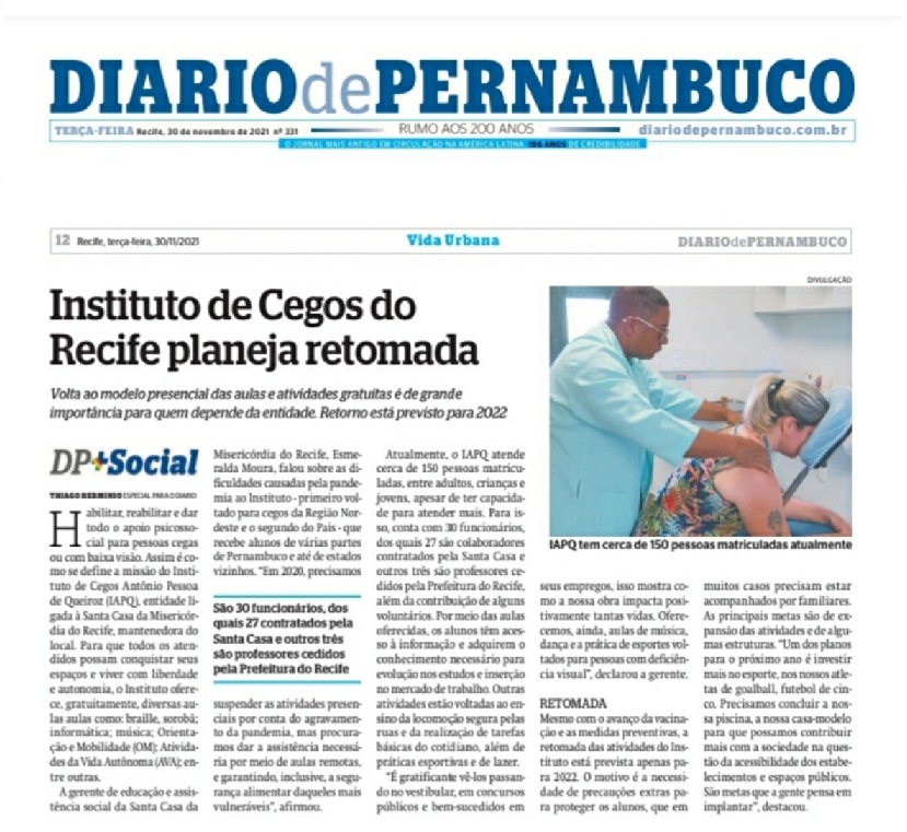 Instituto de Cegos do Recife planeja retomada