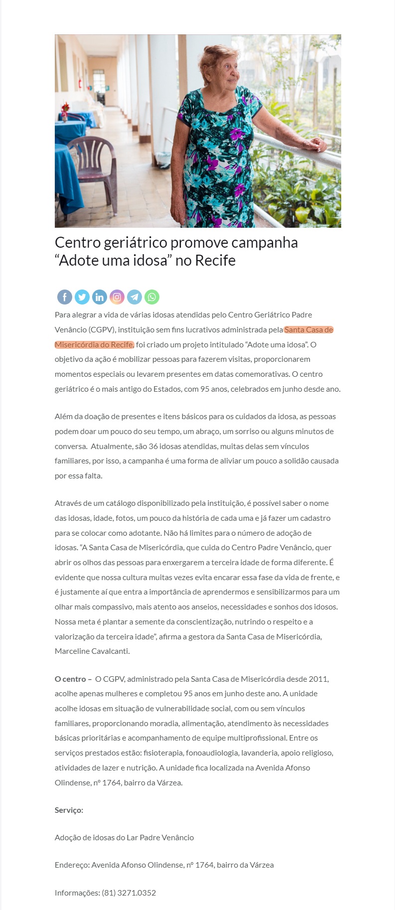 Lar Padre Venâncio cria um projeto intitulado “Adote uma idosa”