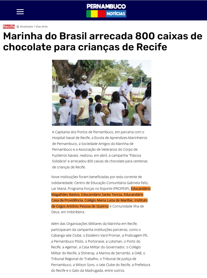 Marinha do Brasil Arrecada 800 caixas de chocolate para crianças de Recife