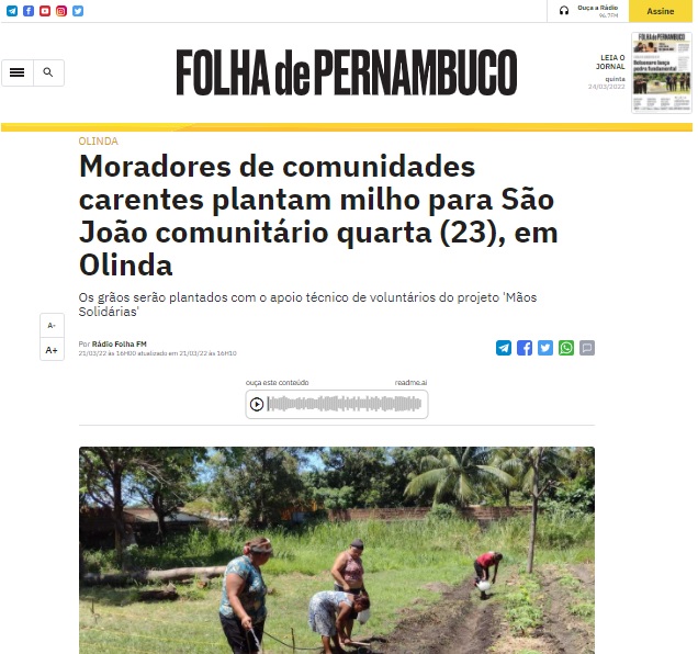 Moradores de comunidades carentes plantam milho para São João comunitário quarta (23), em Olinda