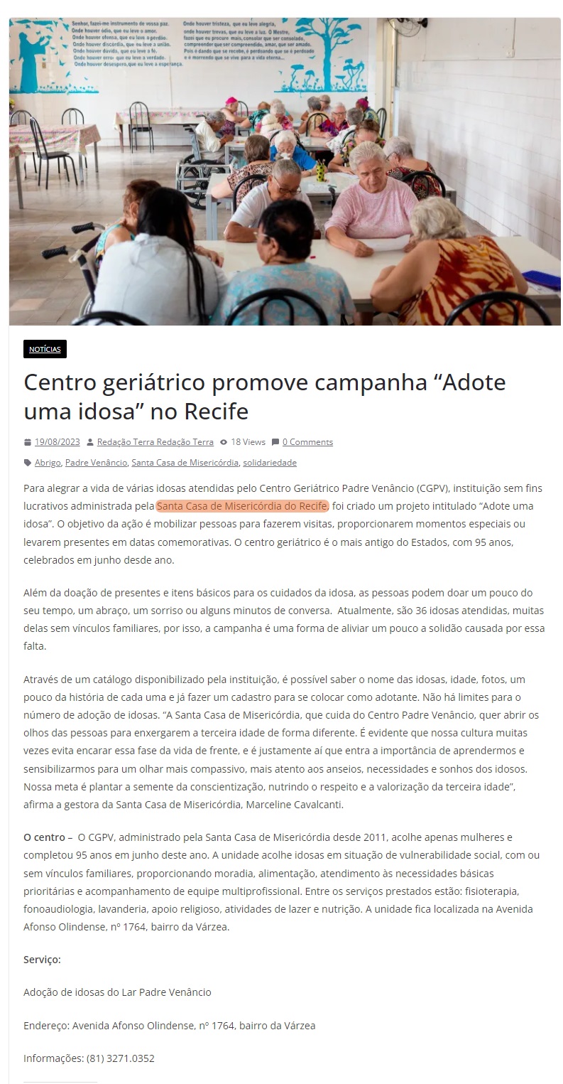 No Recife, o CGPV promove a campanha Adote uma Idosa