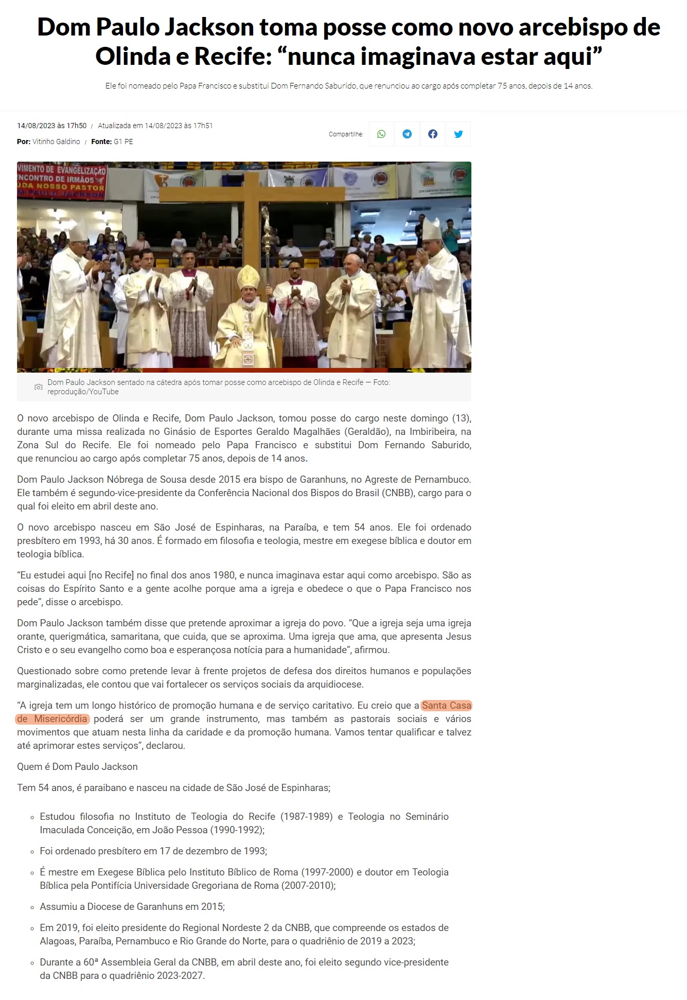 O novo Arcebispo de Olinda e Recife, Dom Paulo Jackson, tomou posse do cargo neste domingo (13)