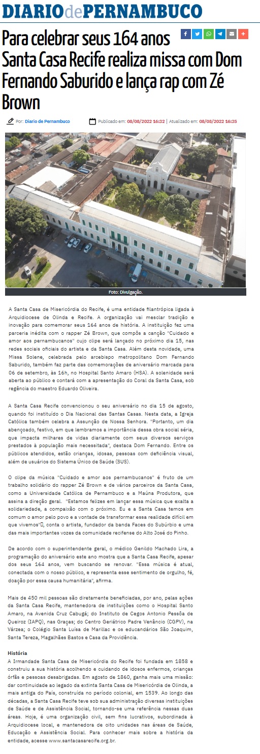 Para celebrar seus 164 anos Santa Casa Recife realiza missa com Dom Fernando Saburido e lança rap com Zé Brown