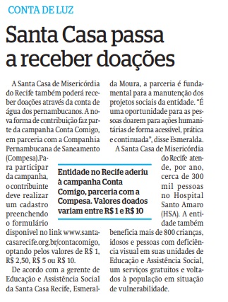 Santa Casa do Recife passa a receber doações através da conta de água