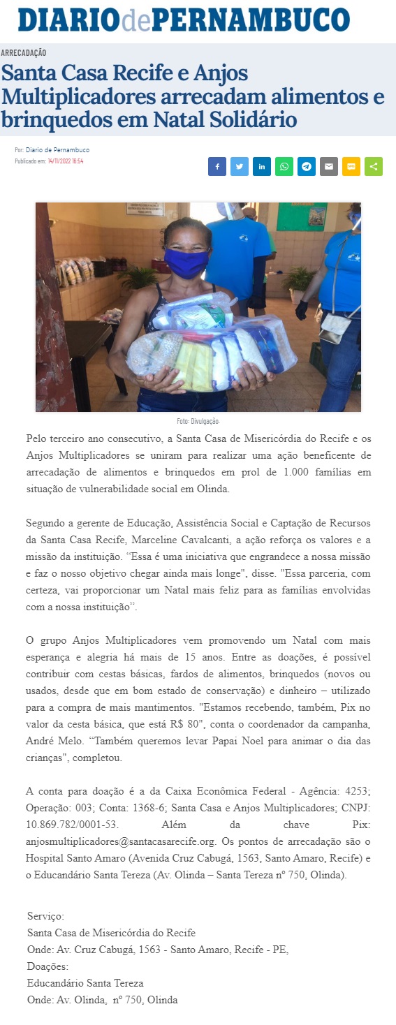 Santa Casa Recife e Anjos Multiplicadores arrecadam alimentos e brinquedos em Natal Solidário
