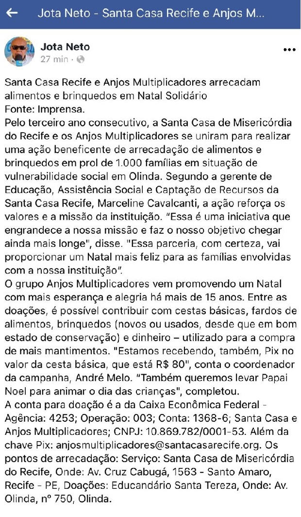 Santa Casa Recife e Anjos Multiplicadores arrecadam alimentos e brinquedos em Natal Solidário