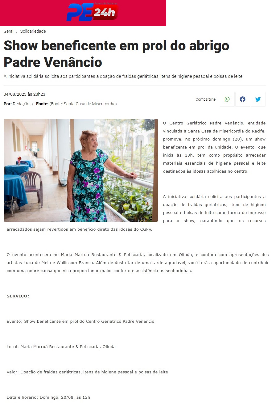 Show no CGPV busca arrecadar doações de fraldas geriátricas, itens de higiene pessoal e leite