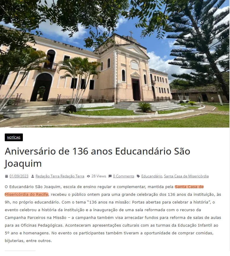 Terra Magazine destaca os 136 anos do Educandário São Joaquim
